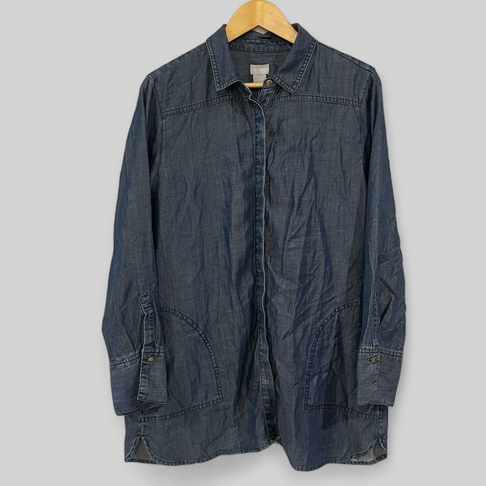 Chico’s Denim Shirt Womens Size 12 Long Sleeve Button Up Blue